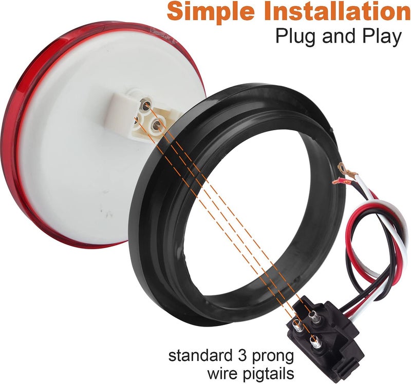 Partswcgg 4Pcs 4 Inch Round Led Stop Turn Tail Brake Backup Reverse Lights 24 LED Waterproof 4 Inch Round LED Trailer Tail Lights for Trucks RV W/Lights Grommets 3-Prong Trailer Wire Pigtails 12V (2Red+2White) - Image 4